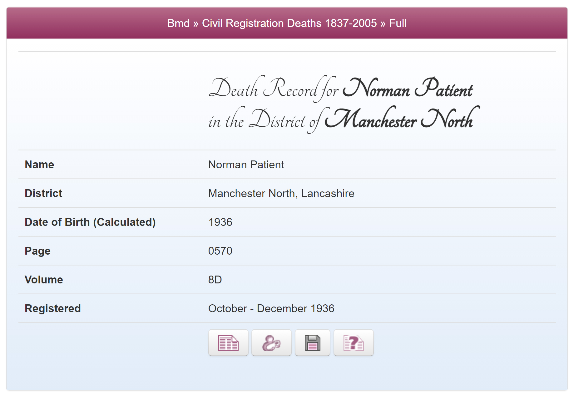 Norman Patient's death record
