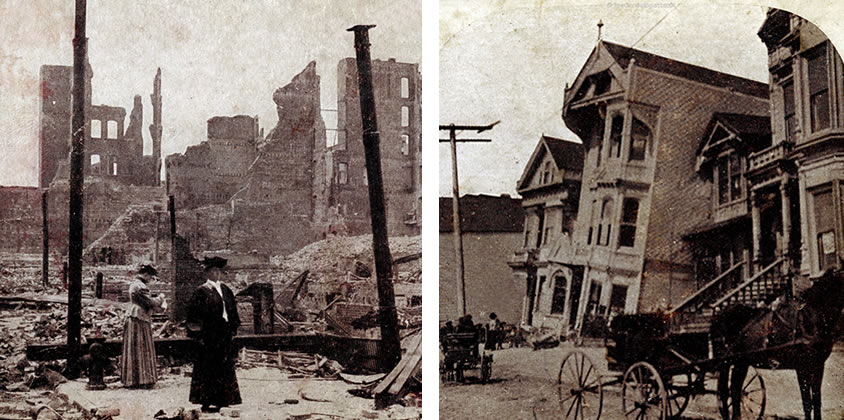 The 1906 Earthquake left a wisespread devastation. Left: Looking northwest from the corner of Ellis and Powell Streets. Right: The result of the shock.