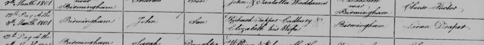 John Cadbury's birth record in the index