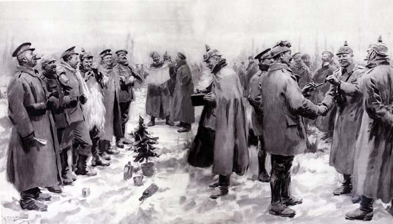 British and German Soldiers arm in arm and exchangeing headgear a Christmas truce