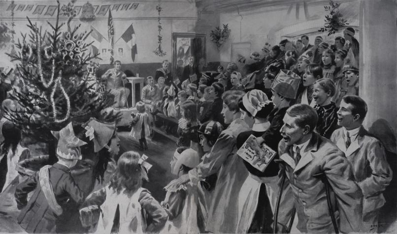 Christmas Festivities at St Geroges Hospital children out patients joining in the chorus of 'Sister Susie's sewing shirts for soldiers' sung by a wounded soldier