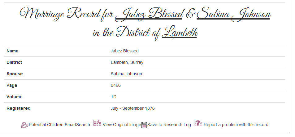 However, the following year, Jabez marries Sabina Johnson in Lambeth as seen on TheGenealogist: