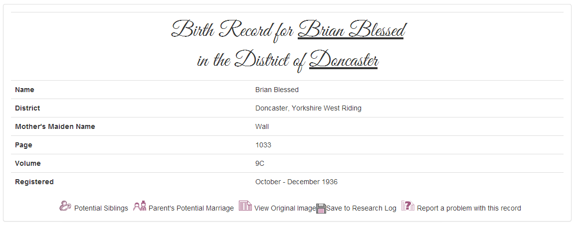 Here we find his birth record from 1936, on TheGenealogist.