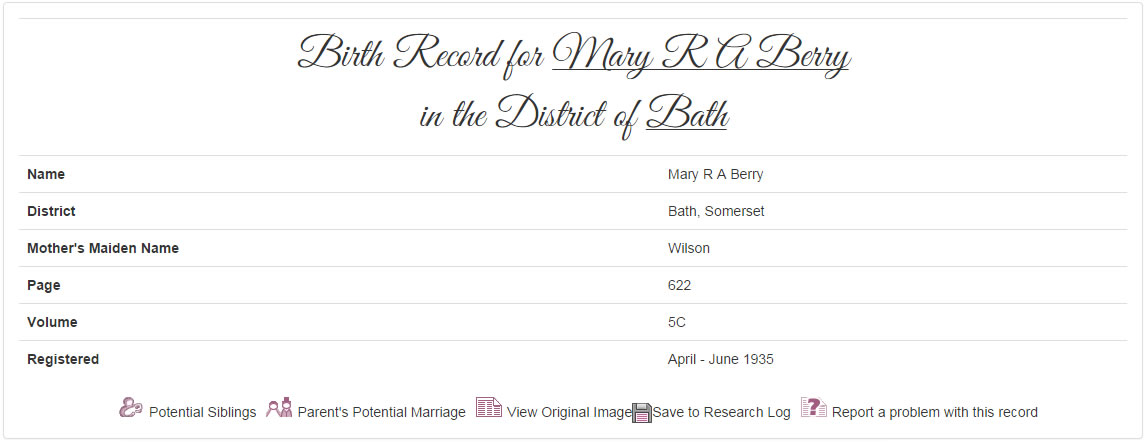Mary Berry's Birth Record
