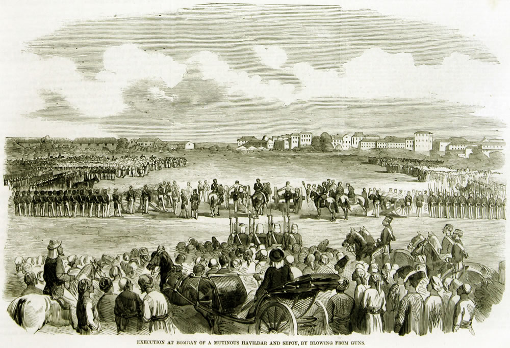 Execution at Bombay of a mutinous Havildar and Sepoy by blowing from guns (Illustrated London News)