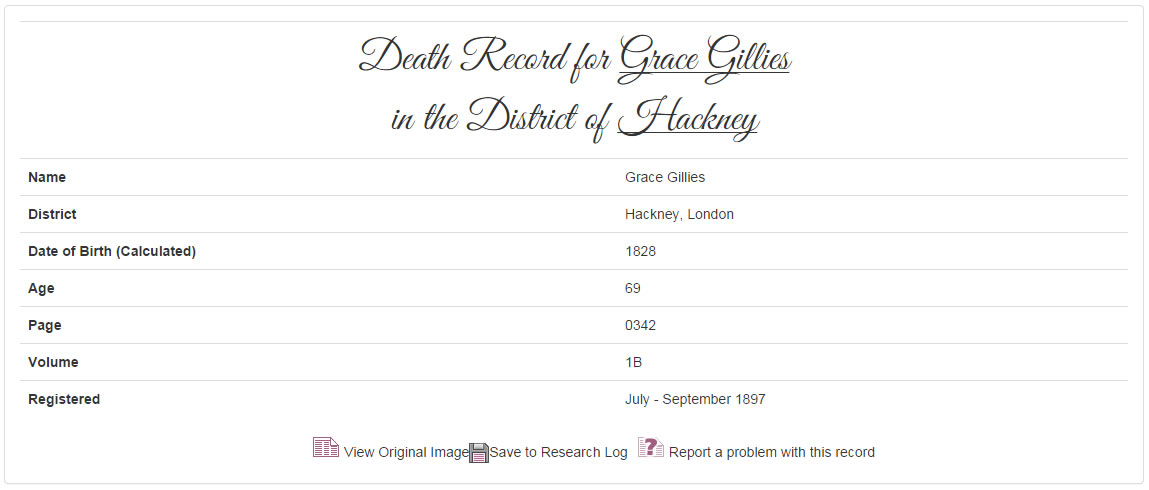 Grace Gillies' death record on TheGenealogist