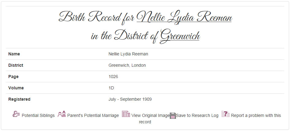 Nellie Reeman's Birth Record