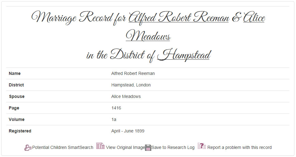 Alfred Reeman and Alice Meadows Marriage Record