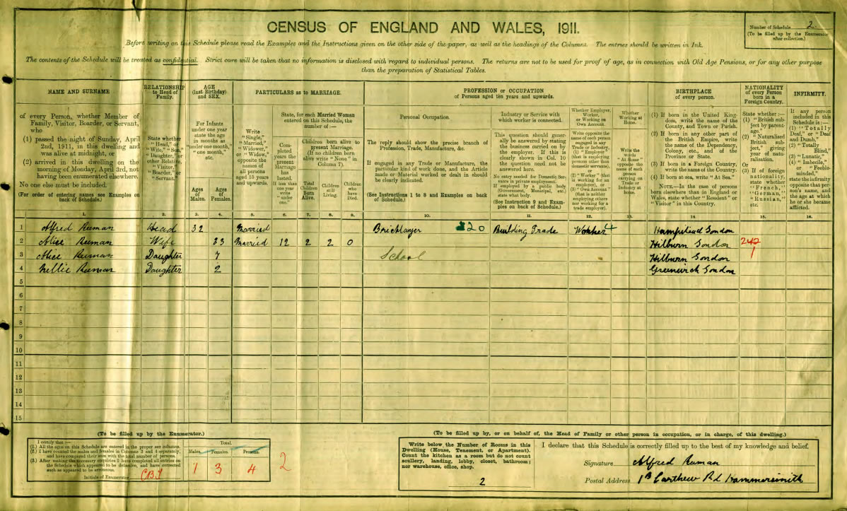 The  family are found in the 1911 Census, living in Carthew Road in Hammersmith.