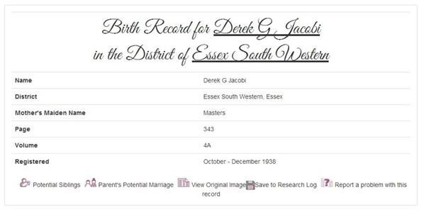 Derek Jacobi's birth record