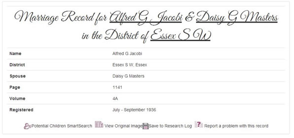 Marriage record for Alfred Jacobi & Daisy Masters