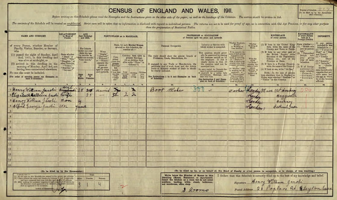 Henry William Jacobi in the 1911 Census