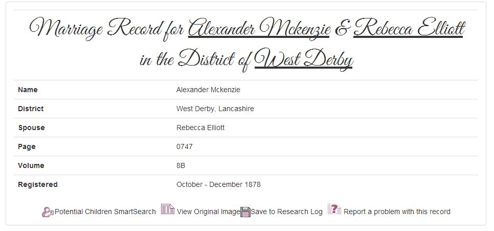 Alexander McKenzie & Rebecca Elliott's marriage record at TheGenealogist