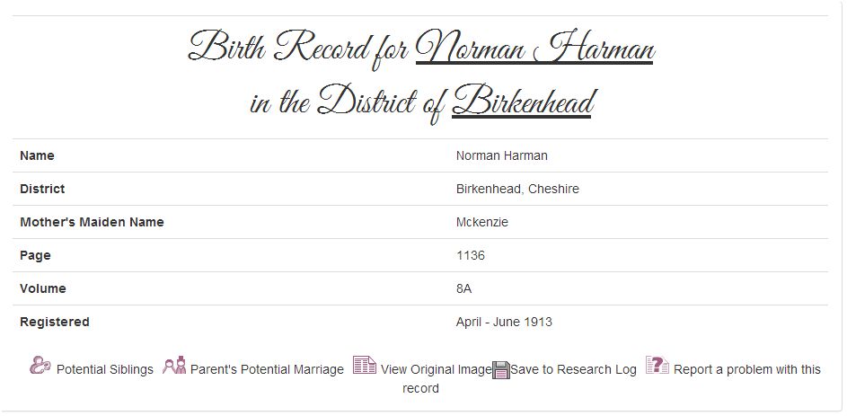 Norman Harman's birth record at TheGenealogist