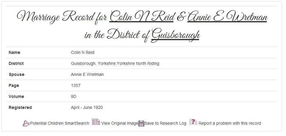 Marriage Record for Colin Reid & Annie Weetman