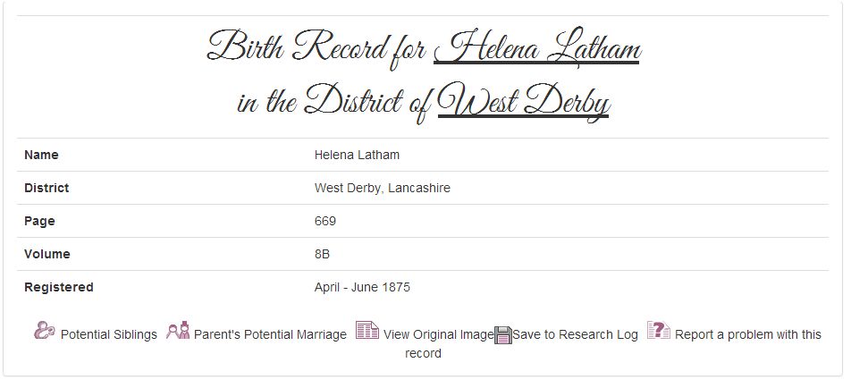 Helena Latham's birth record