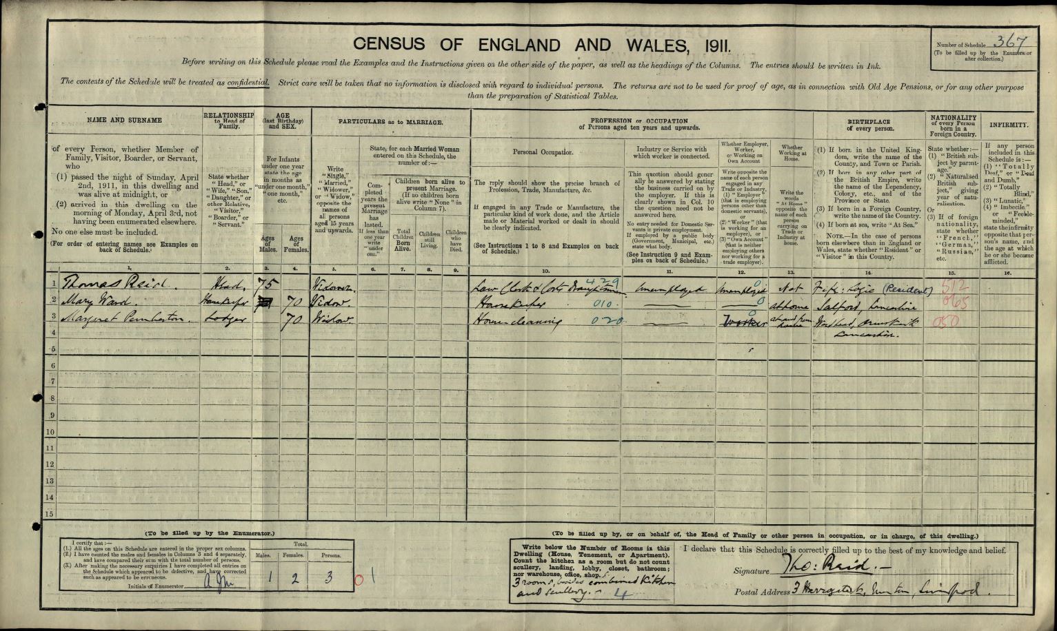 Thomas Reid Snr in the 1911 Census