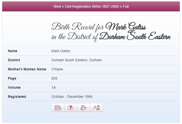 Mark Gatiss' birth record