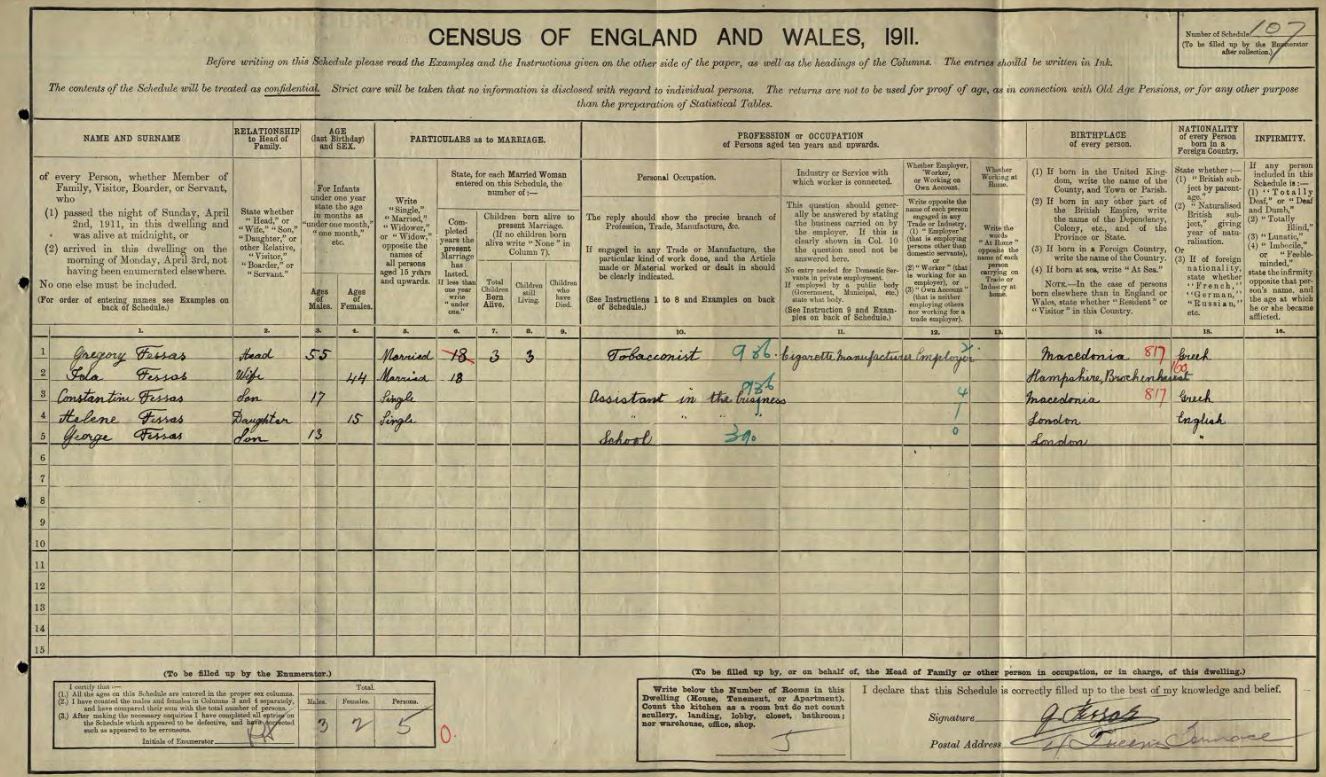 The Fessas Family in the 1911 Census at TheGenealogist.co.uk