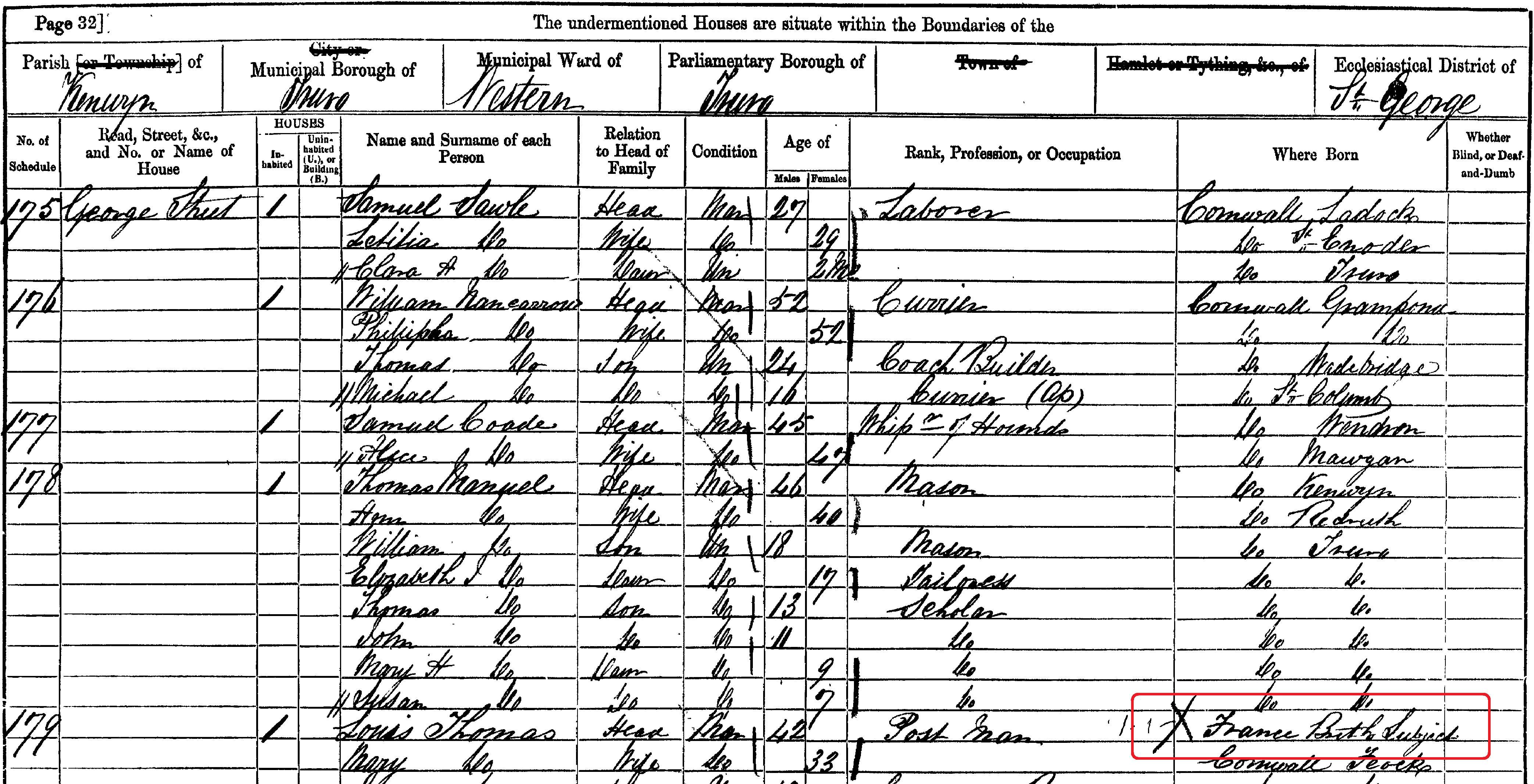 1861 census for Truro with place of birth for Louis Thomas as France