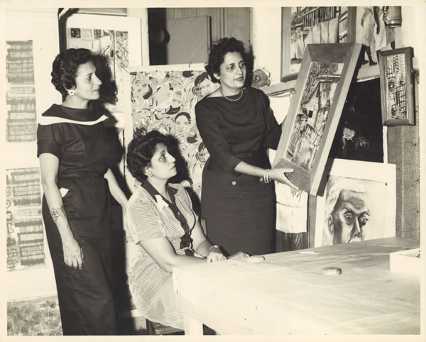 (L-R) Liz Bonnin's g aunts (maternal) Everil, Sybil and Oris in Deltex art shop, once owned by Liz's family 1956