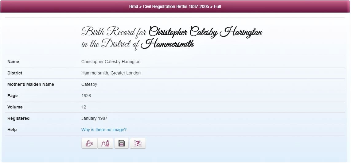 Birth of Christopher Catesby Harington recorded in Jan 1987 on TheGenealogist