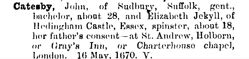 Marriage license record for John Catesby of Sudbury and Elizabeth Jekyll, 16 May 1670