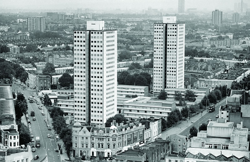 Chantry Point and Hermes Point high-rise flats that were built in 1965 and demolished in 1994