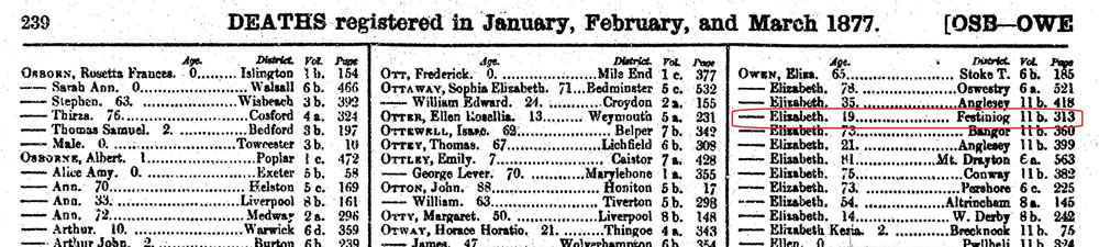 Death of Elizabeth Owen aged just 19 in the first quarter of 1877