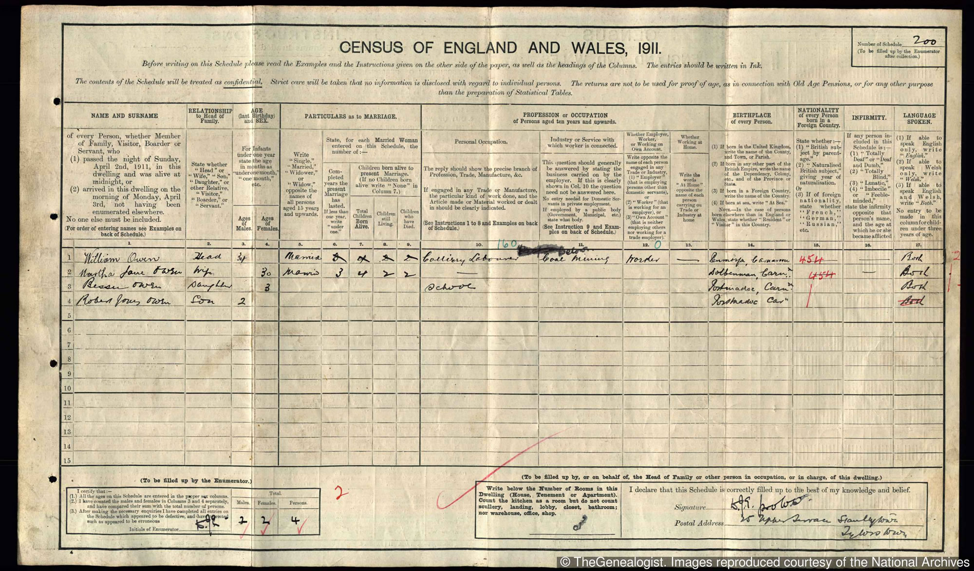 1911 census of Stanleytown reveals William Owen has become a Colliery Labourer