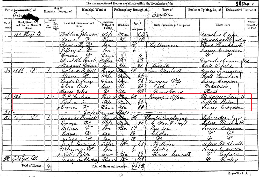 1861 Census - J F Durban at 106 High Street, Croydon with his wife Sophia.