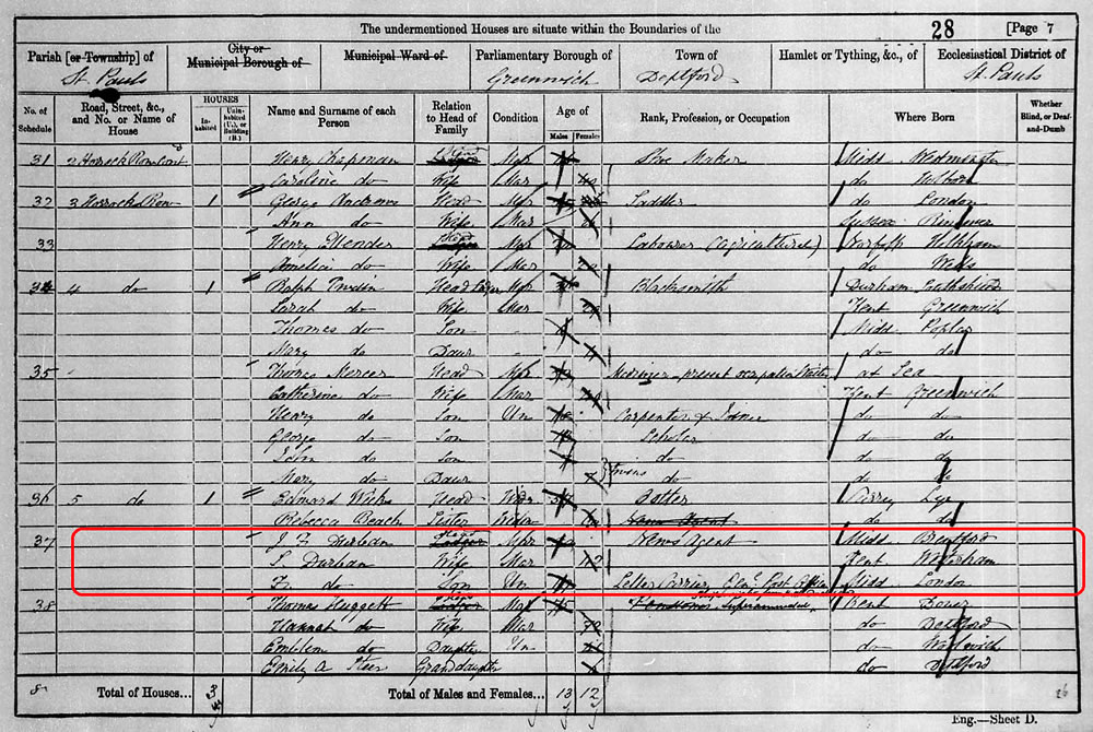 1861 Census - J F Durban and 'wife' S (Sarah) Durban at 5 Horrocks Row, Deptford, Greenwich.