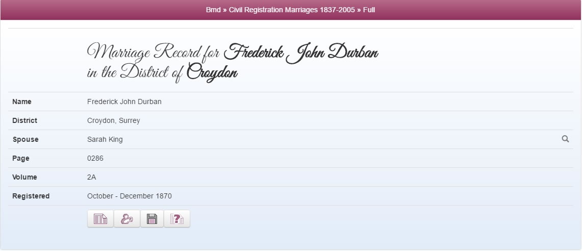 Marriage of Frederick John Durban to Sophia King in 1870