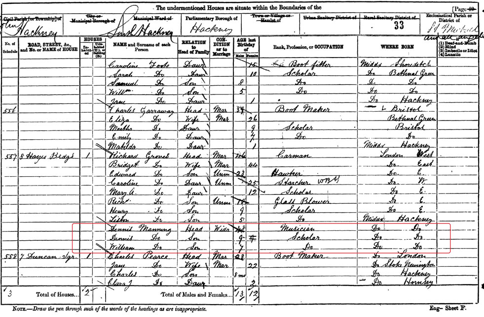Dennis the musician and his sons in the 1881 Census