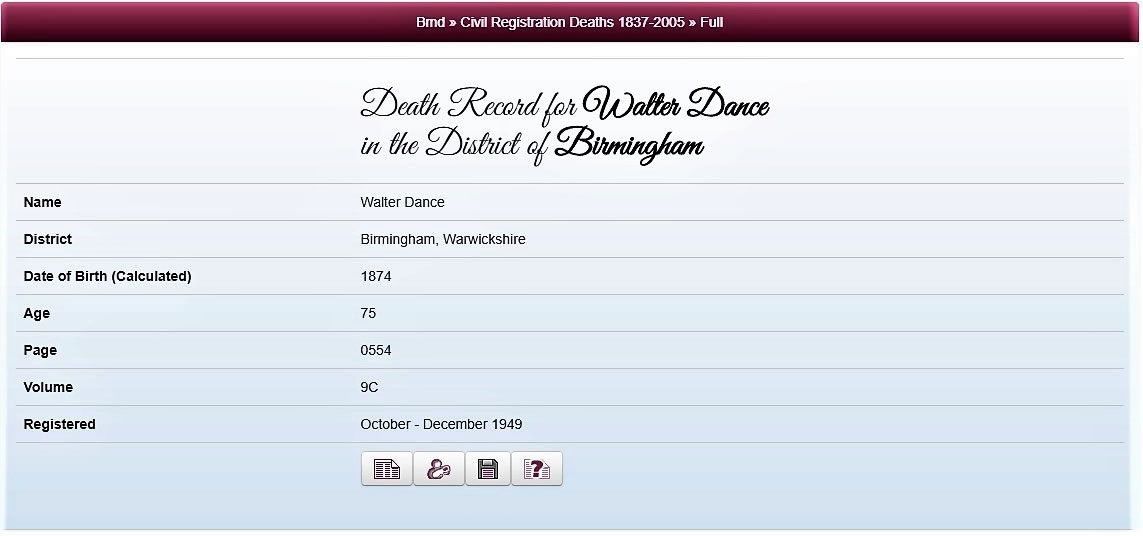 Walter Dance's death record in 1949 on TheGenealogist reveals his age to be 75
