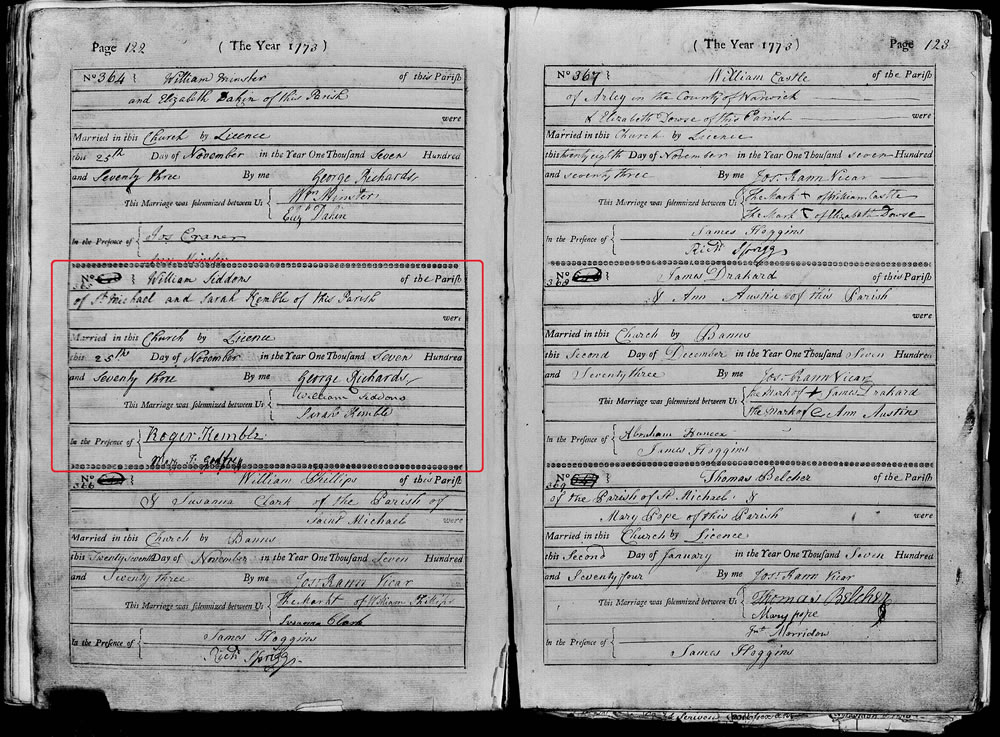 Image of the parish register page containing the marriage of William Siddons and Sarah Kemble at Holy Trinity in Coventry on 25 November 1773