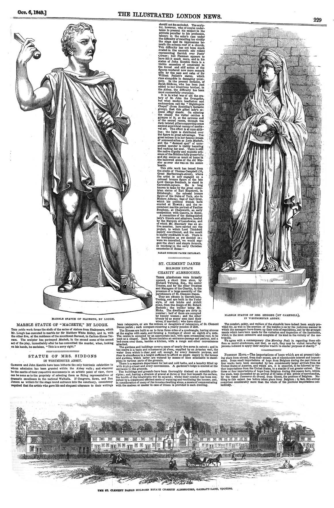 The Illustrated London News Oct 6, 1849 Marble statue of Mrs Siddons and her brother John Kemble