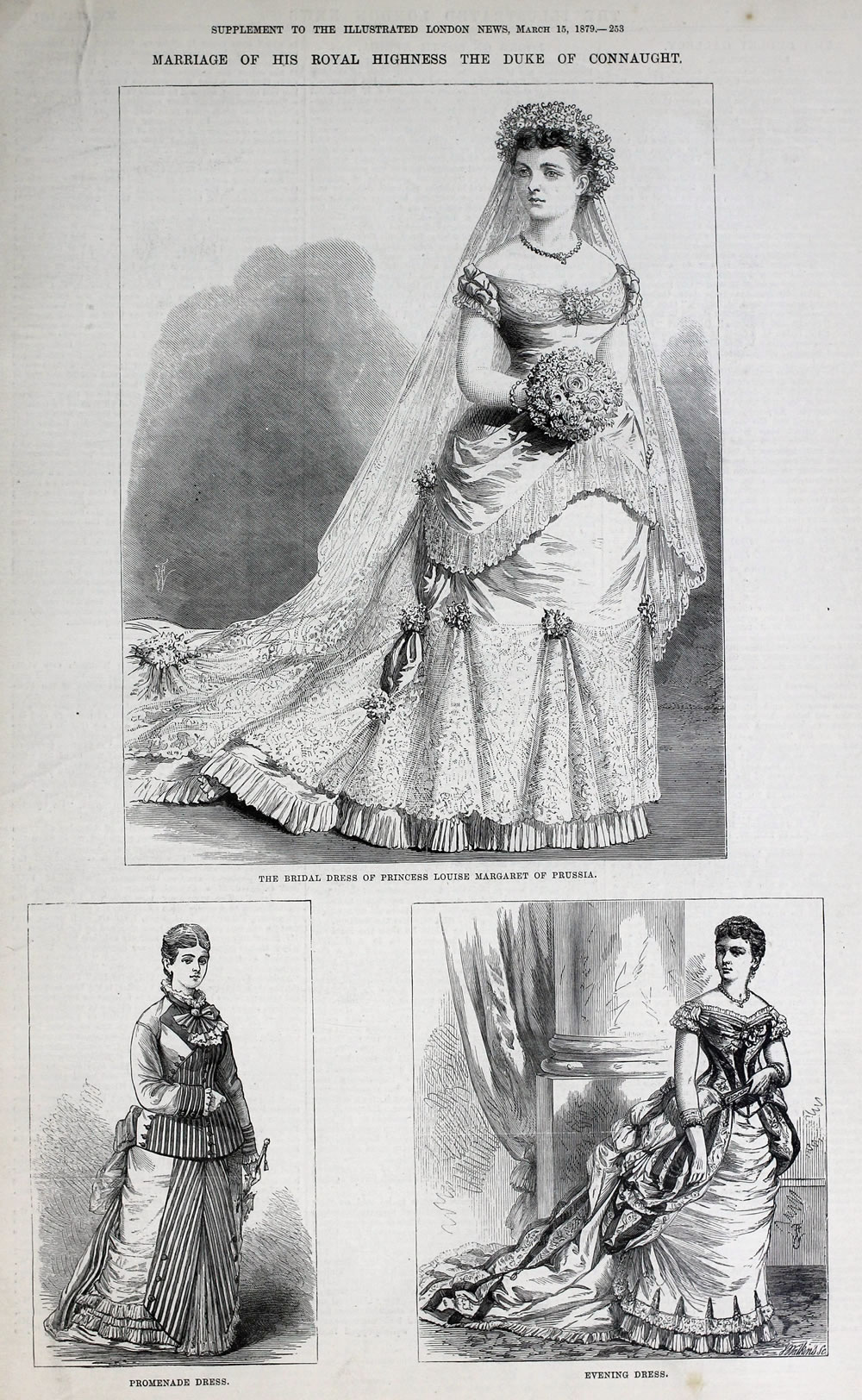 The Illustrated London News 15th March 1879 published images of the wedding dresses worn by the royal bride