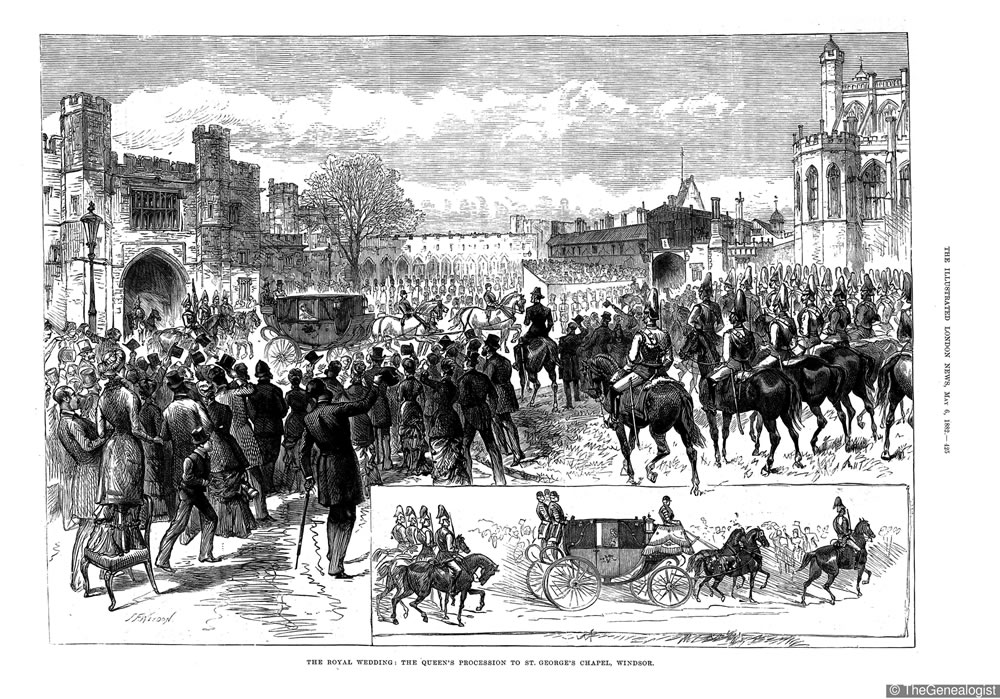 The Queen's Procession to St George's Chapel at the end of April 1882 reported in the May 6 edition of The Illustrated London News showing the delighted crowds in Windsor.