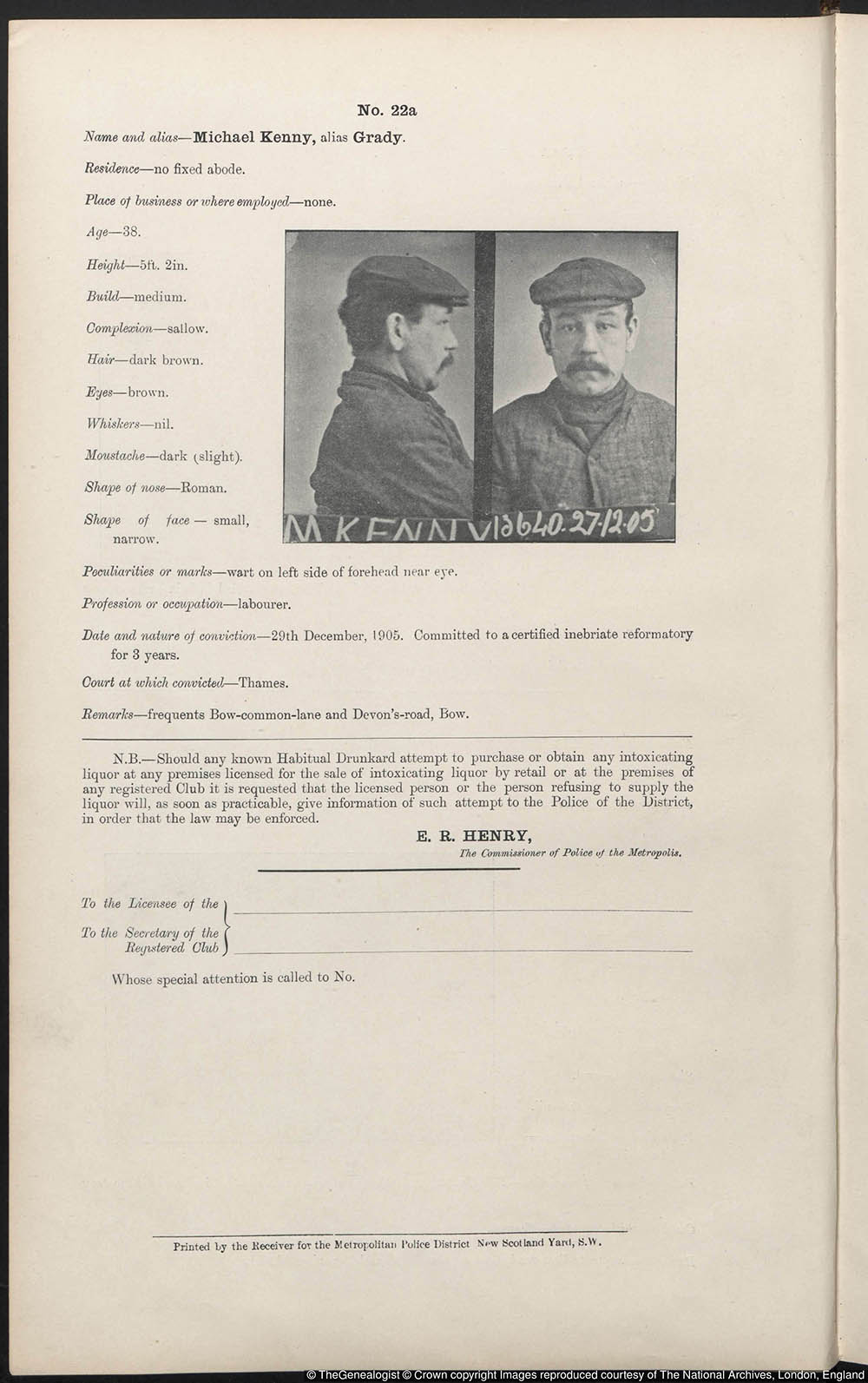 29th Dec 1905 Michael Kenny alias Grady and again in 14th December 1911 in the Metropolitan Police: Habitual
		Drunkards Registers