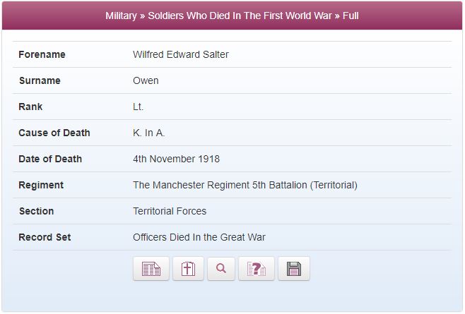 The poet Wilfred Owen in TheGenealogist's Officers who Died in the Great War