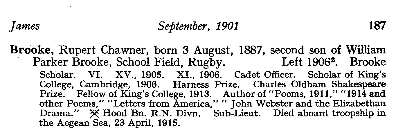 Rupert Brooke in the Rugby School Register IV 1901
