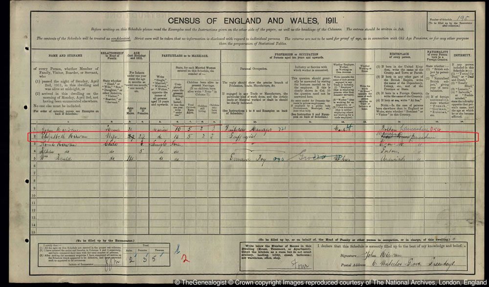 Elizabeth Kirwan recorded as a Suffragist in the 1911 census on TheGenealogist