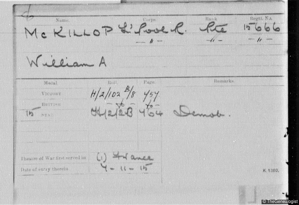 Medal card for William A McKillop of the King's Liverpool Regiment from TheGenealogist's Military records