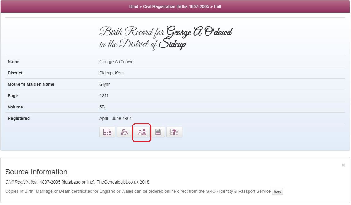 Civil Registration for birth of George A O'Dowd with SmartSearch for Potential Parents' Marriage