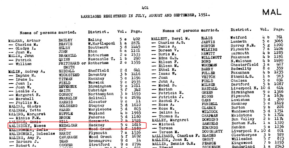 Marriage index on TheGenealogist for Moses Malinicky and Lottie Medalyar 1951 in Hackney