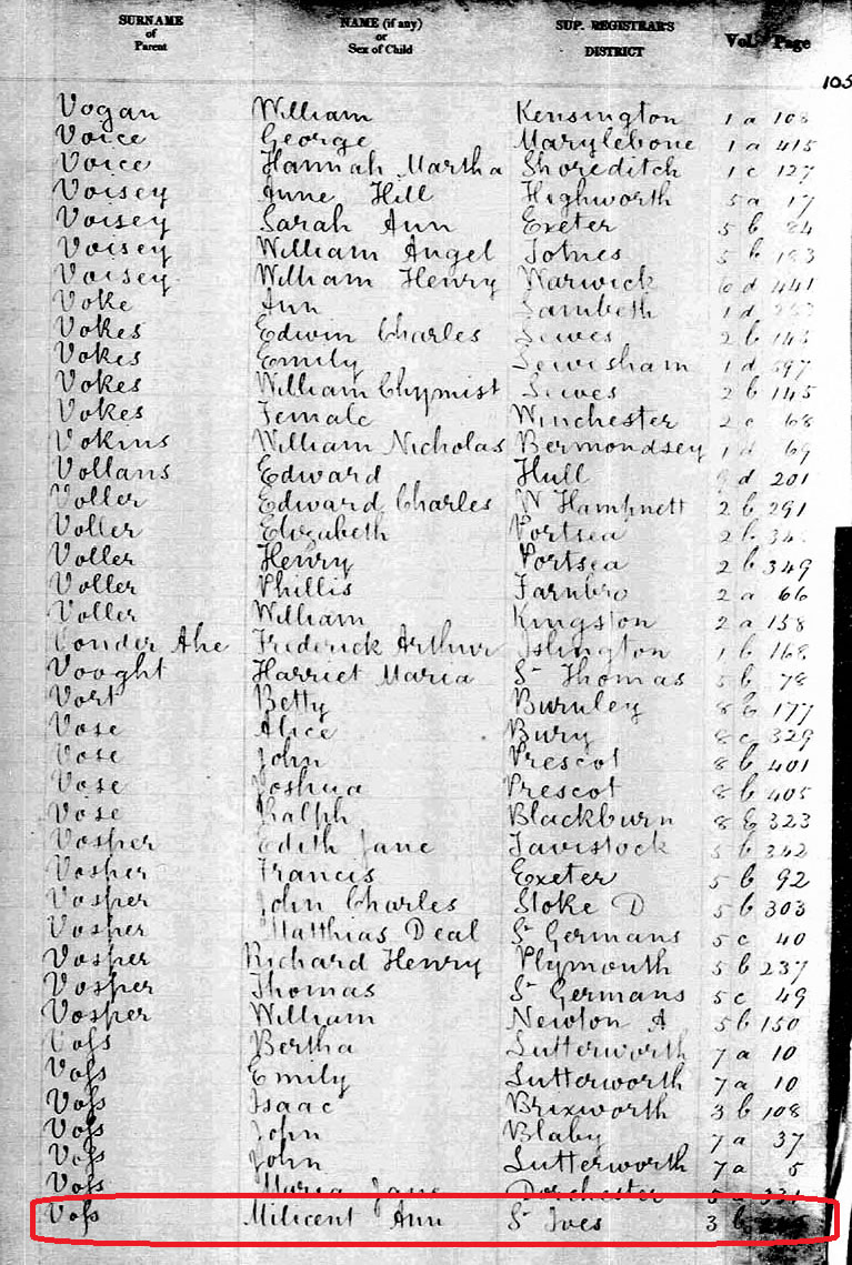 Jonnie's 3x great-grandmother Millicent in the birth index for April-June quarter of 1853