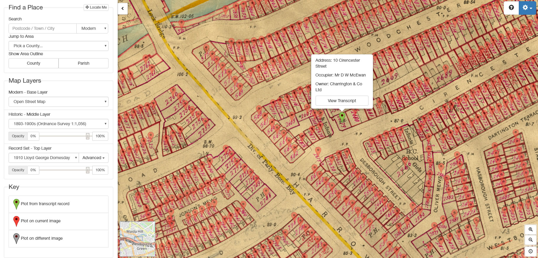 Cirencester Street showing pins for each house recorded in Lloyd George Domesday Survey