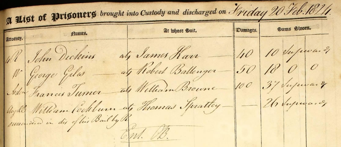 John Dickens' custody record, 20 Feb 1824