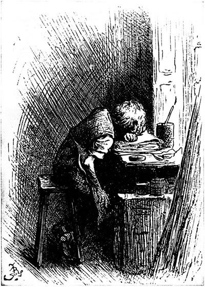 Illustration by Fred Bernard of Dickens at work in a shoe-blacking factory after his father had been sent to Marshalsea, published in the 1892 edition of Forster's Life of Dickens